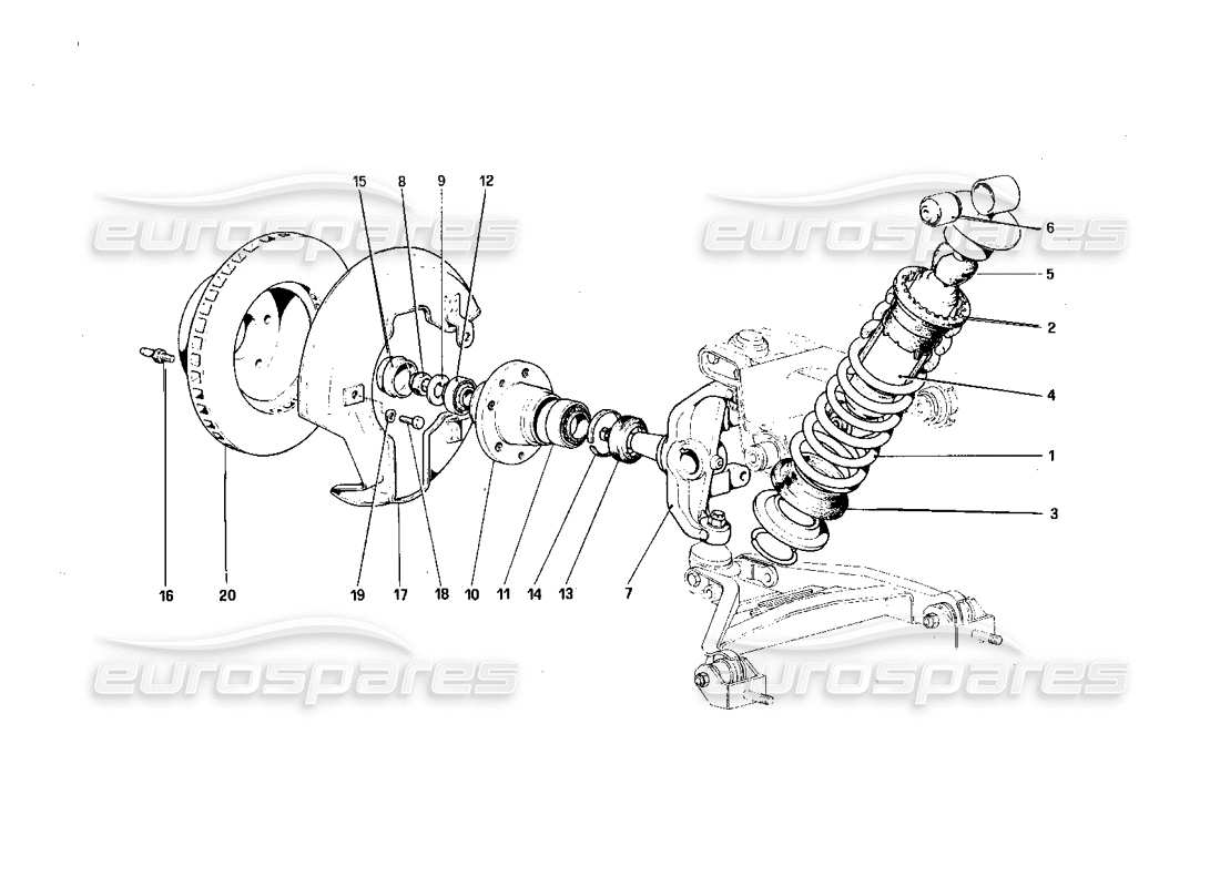 ferrari 308 quattrovalvole (1985) suspensión delantera: diagrama de piezas del amortiguador y del disco de freno
