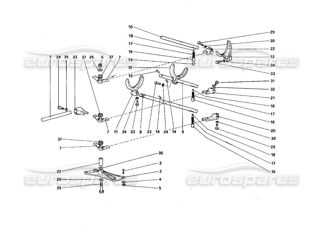 ferrari 308 quattrovalvole (1985) diagrama de piezas de los controles internos de la caja de cambios