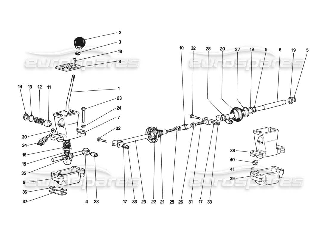 ferrari 328 (1988) diagrama de piezas de los controles exteriores de la caja de cambios