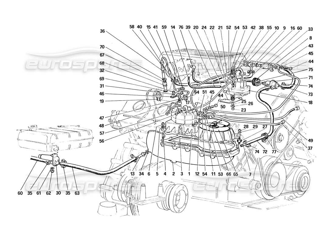 ferrari 328 (1988) diagrama de piezas de líneas de distribuidores de combustible (no para la versión de ee. uu.)