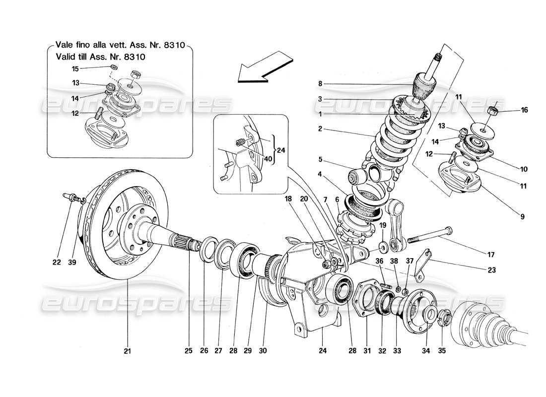 ferrari 348 (1993) tb / ts suspensión trasera: amortiguador y disco de freno diagrama de piezas