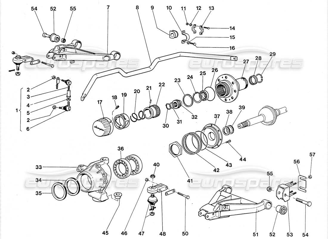 lamborghini lm002 (1988) diagrama de piezas de los brazos de suspensión y mangueta