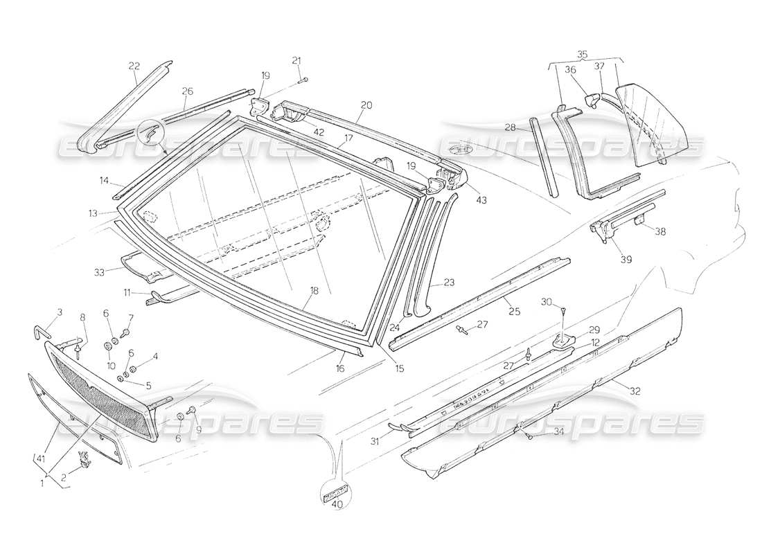 maserati biturbo spider rejilla del radiador-acabados vidrios fijos diagrama de piezas