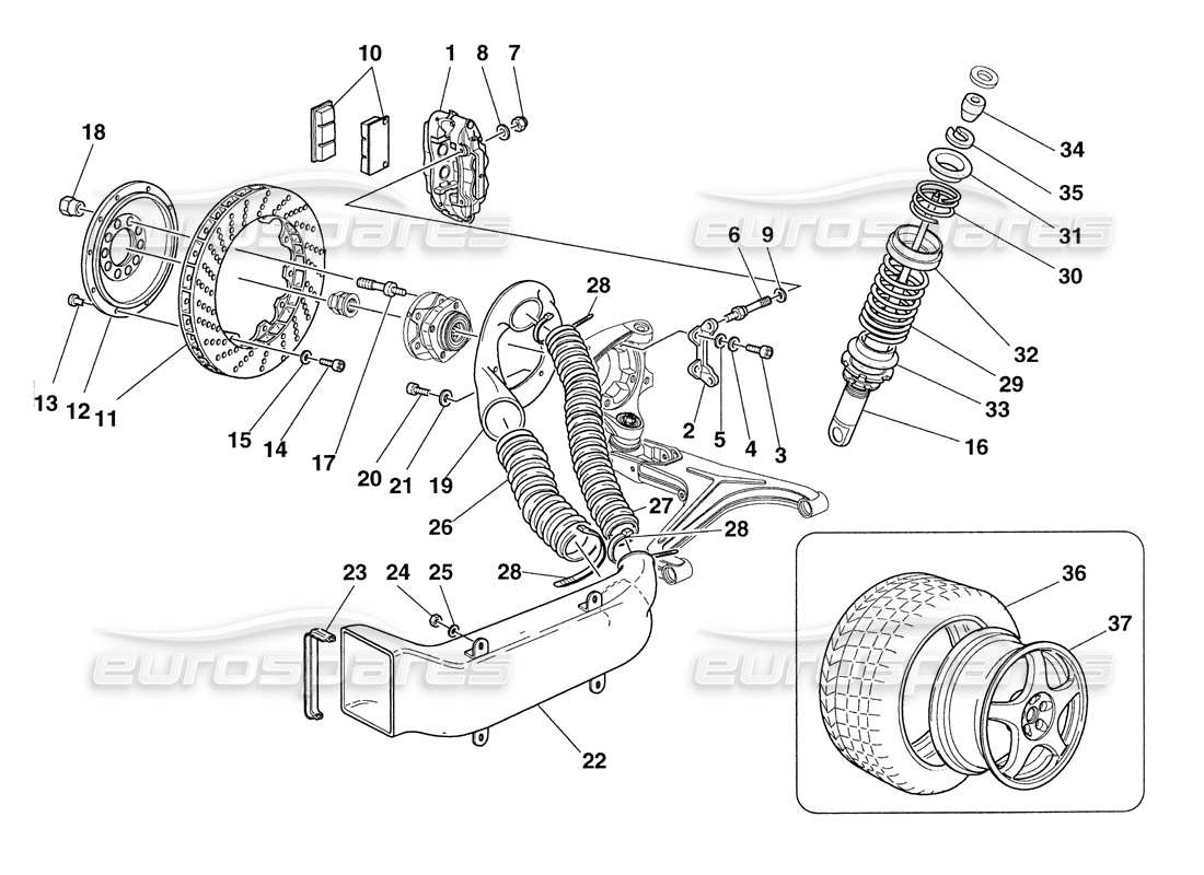 ferrari 355 challenge (1999) frenos - amortiguadores - tomas de aire delanteras - ruedas diagrama de piezas
