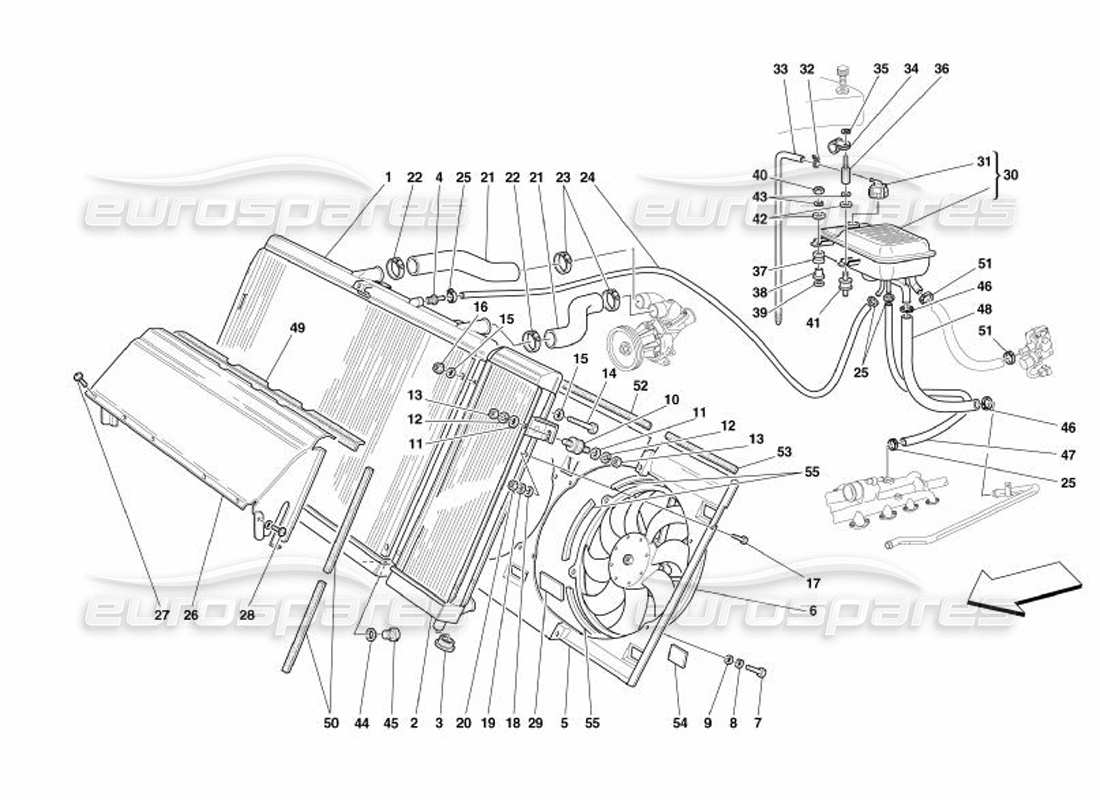 ferrari 575 superamerica sistema de refrigeración: diagrama de piezas del radiador y nourice