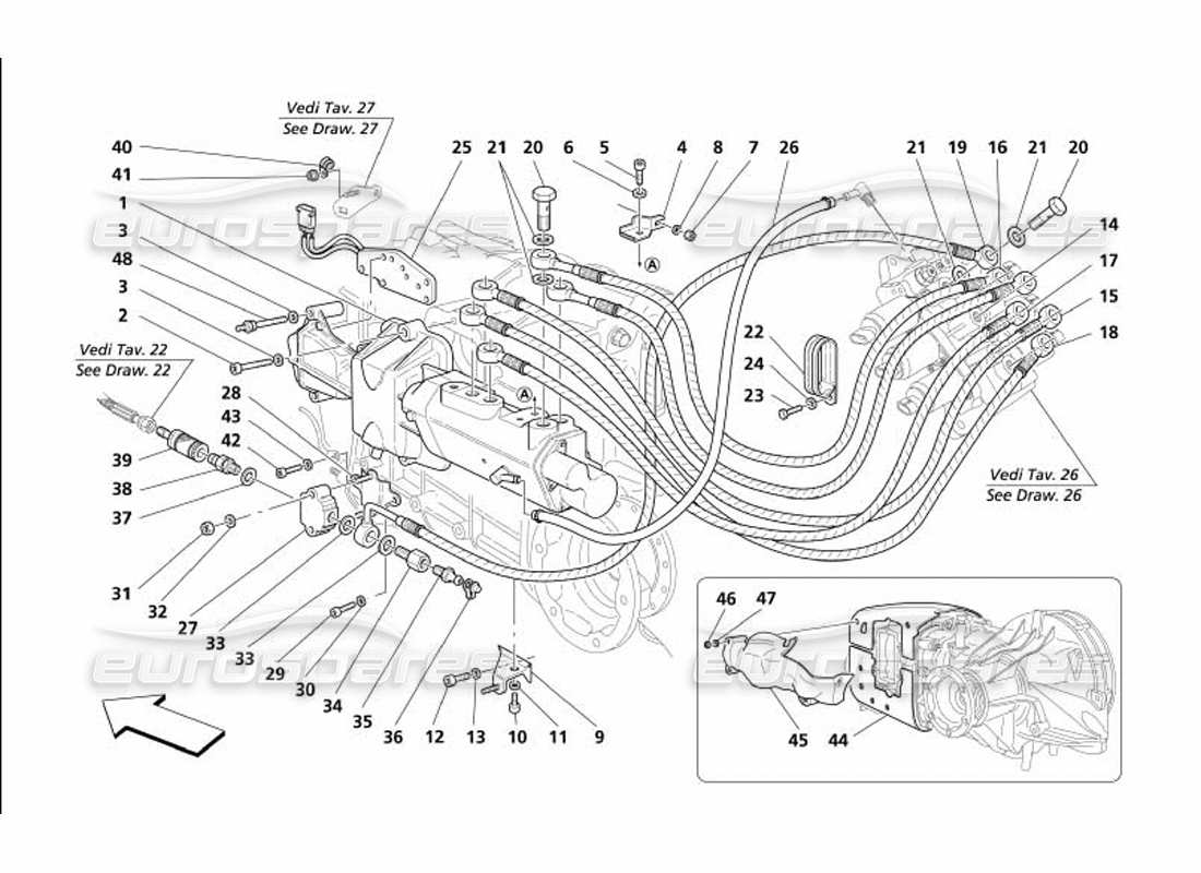maserati 4200 gransport (2005) f1 diagrama de piezas de los controles hidráulicos del embrague