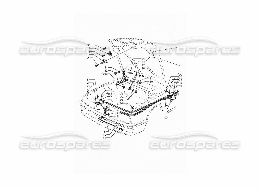 maserati qtp. 3.2 v8 (1999) capó: diagrama de piezas de liberación del capó y bisagras