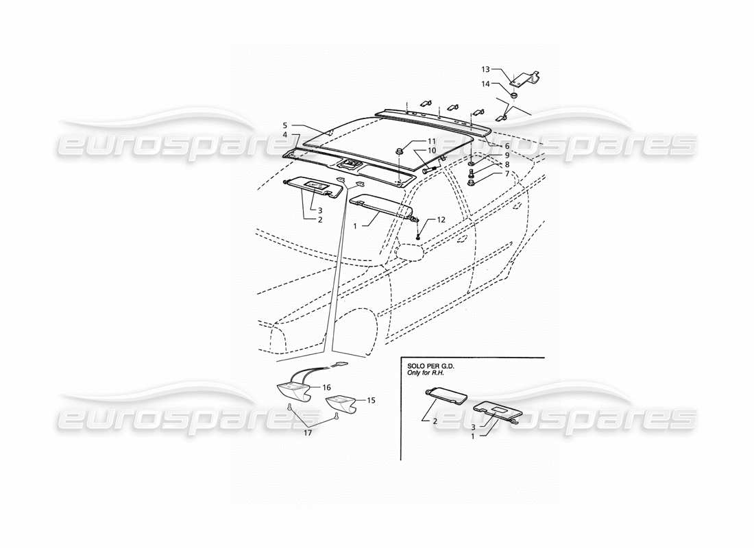 maserati qtp. 3.2 v8 (1999) molduras interiores: diagrama de piezas del techo
