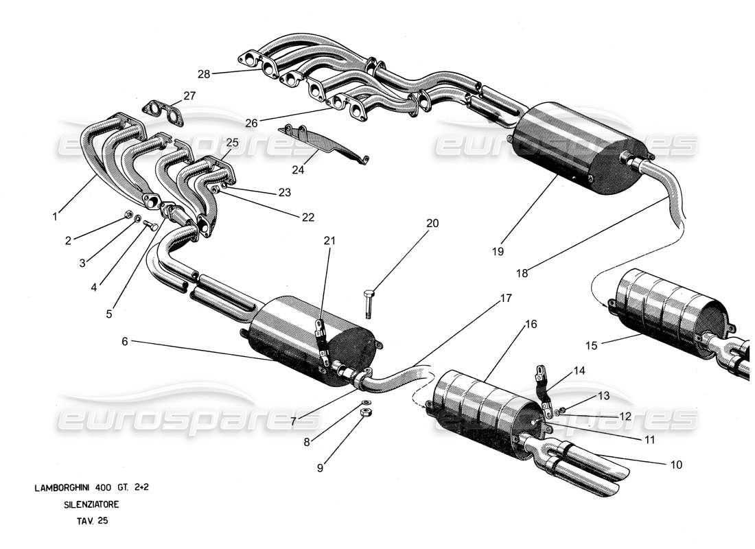 lamborghini 400 gt diagrama de piezas del sistema de escape
