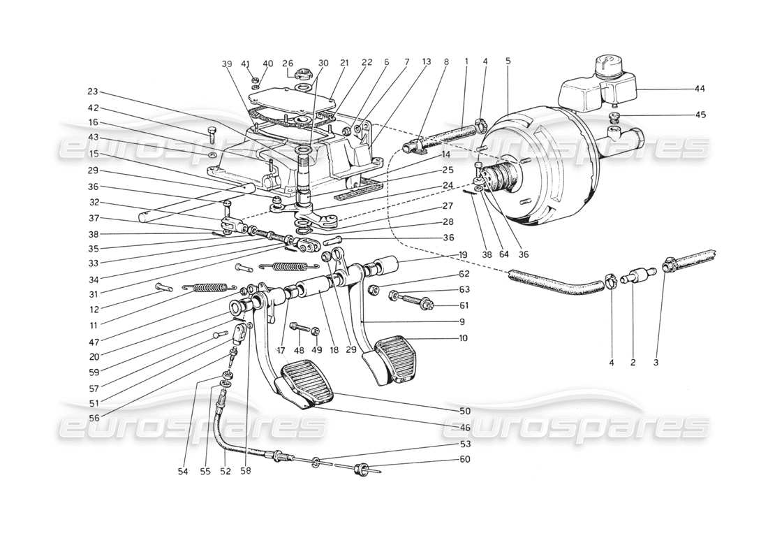 ferrari 208 gt4 dino (1975) tablero de pedales - controles de freno y embrague diagrama de piezas