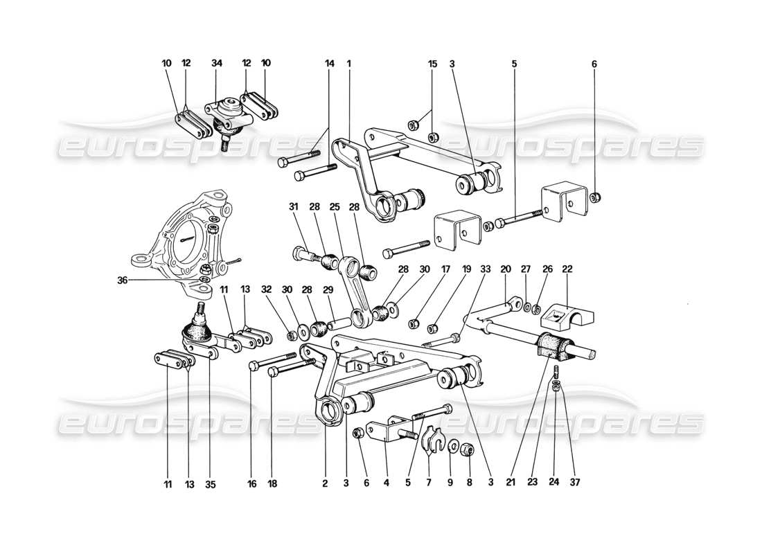 ferrari 328 (1988) suspensión delantera - diagrama de piezas de brazos transversales (a partir del número de automóvil 76626)