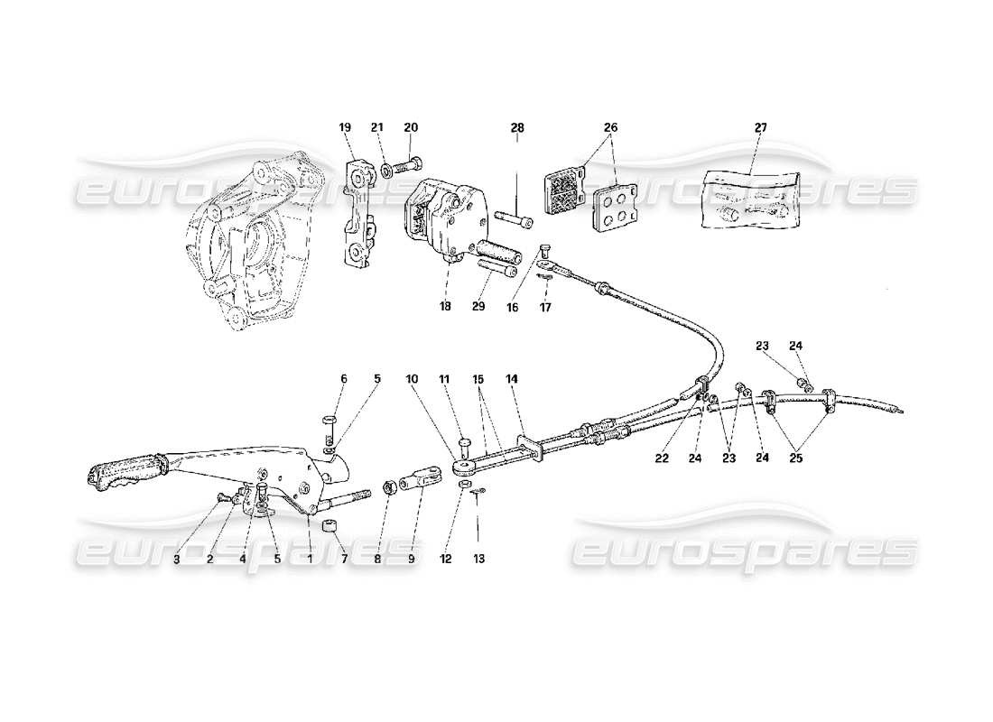 ferrari f40 diagrama de piezas del control del freno de mano y de la pinza