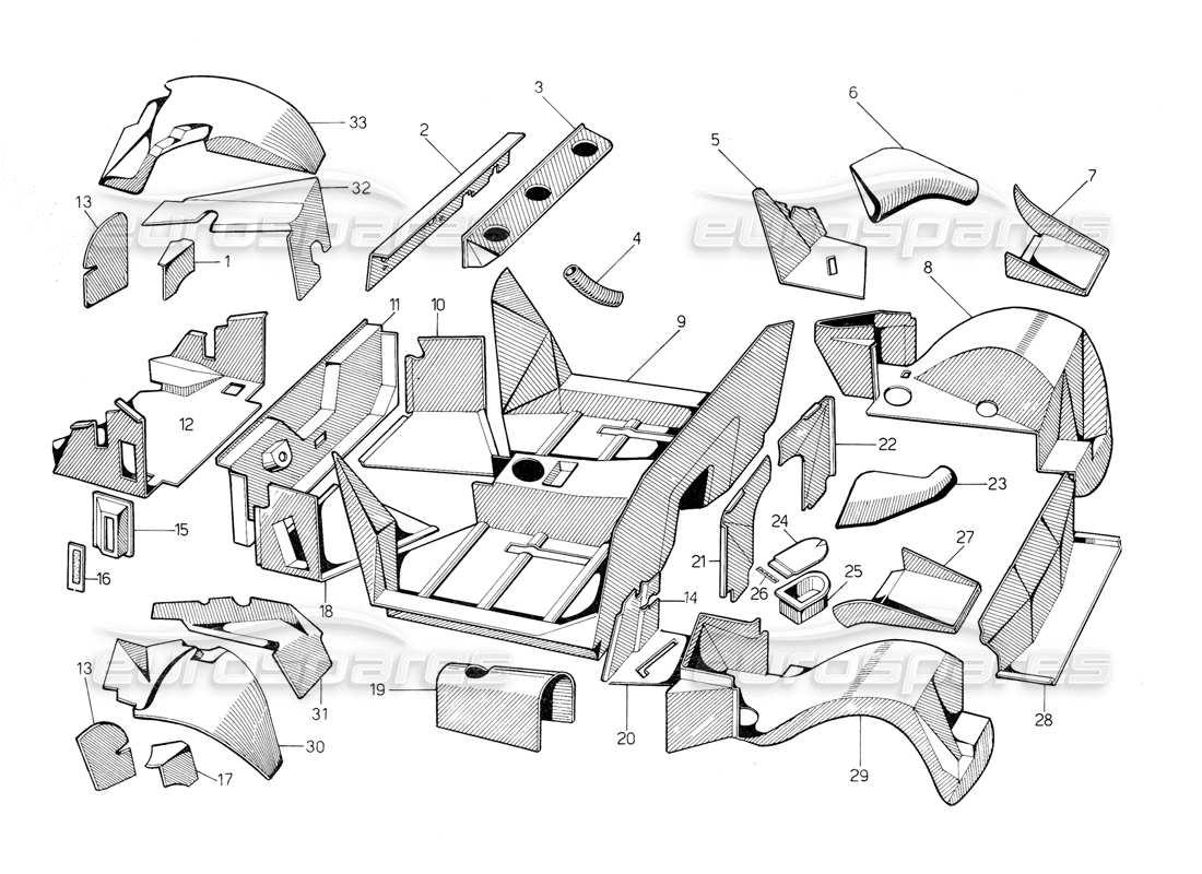 lamborghini countach 5000 qv (1985) revestimientos interiores de fibra de vidrio diagrama de piezas