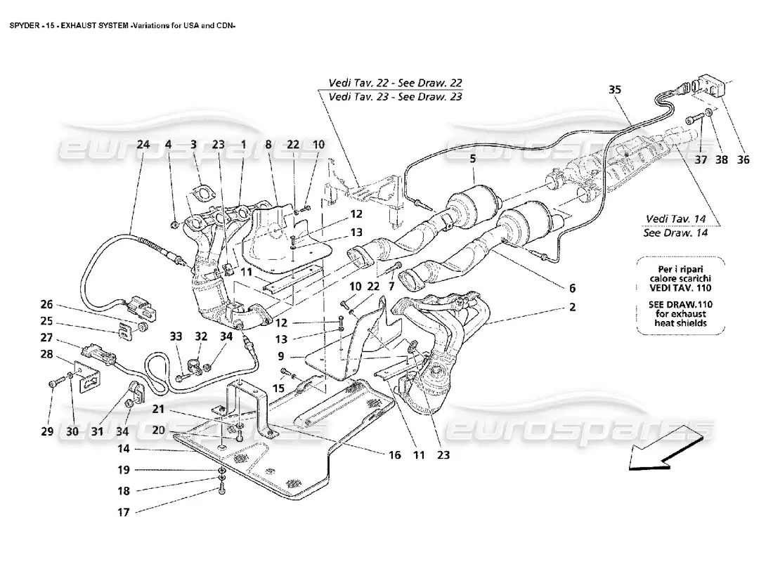 maserati 4200 spyder (2002) sistema de escape: variaciones para ee. uu. y diagrama de piezas cdn