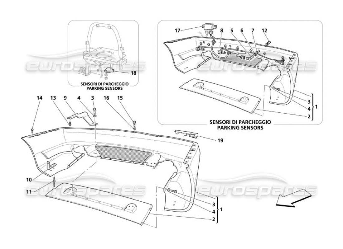 maserati 4200 spyder (2005) diagrama de piezas del parachoques trasero