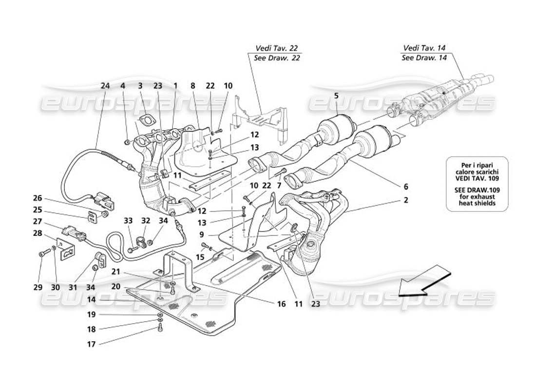 maserati 4200 gransport (2005) sistema de escape -variaciones para usa y cdn- diagrama de piezas