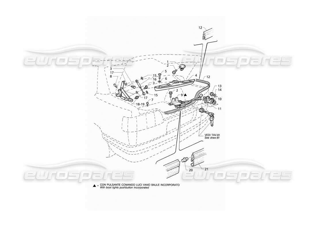 maserati qtp v6 (1996) tapa del maletero: bisagras, diagrama de piezas de liberación de la tapa del maletero