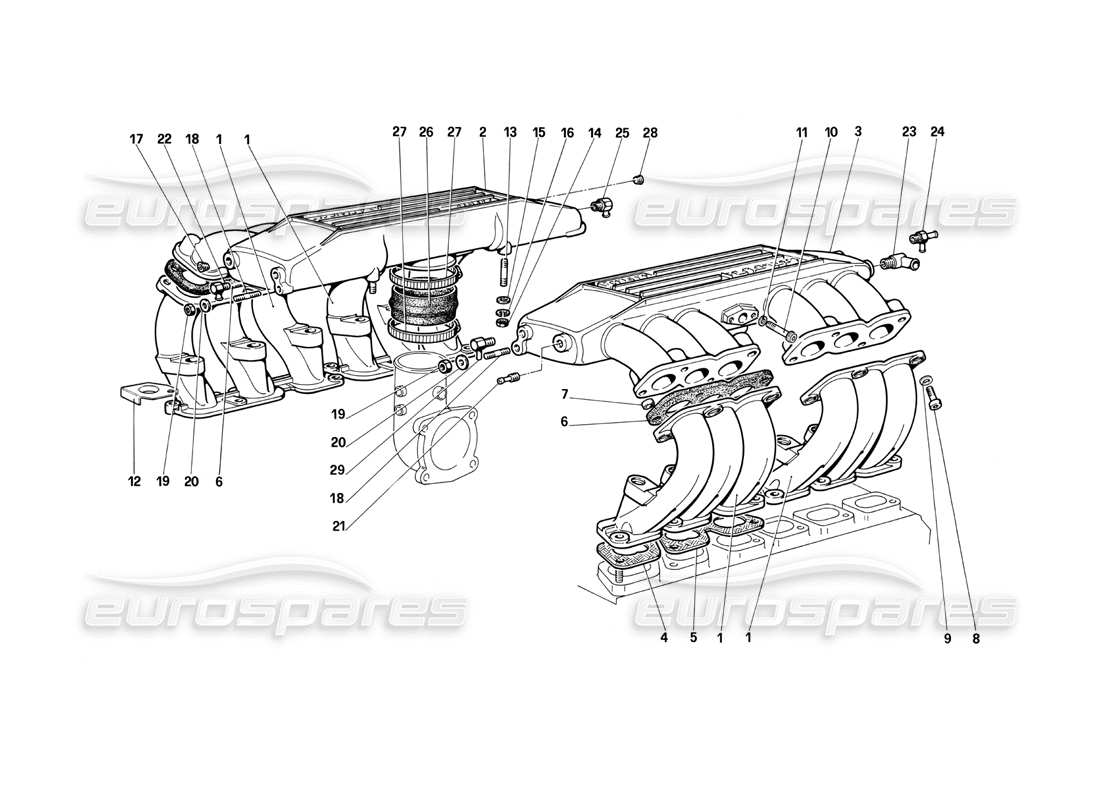 ferrari testarossa (1990) colectores de admisión de aire diagrama de piezas