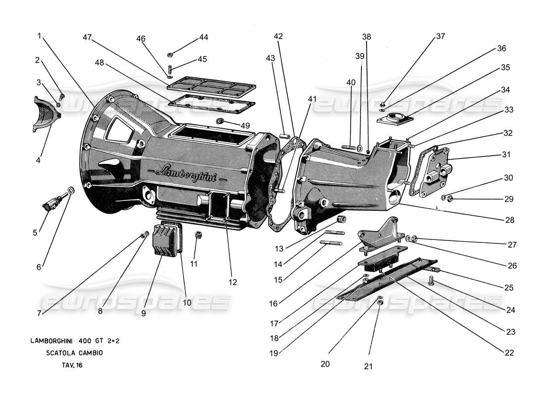 lamborghini 400 gt diagrama de piezas de la carcasa de la caja de cambios