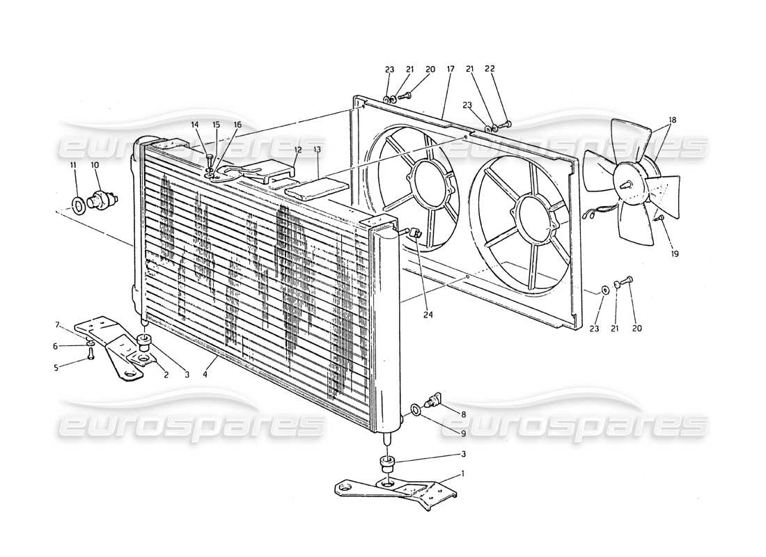 maserati biturbo 2.5 (1984) diagrama de piezas del radiador y los ventiladores de refrigeración