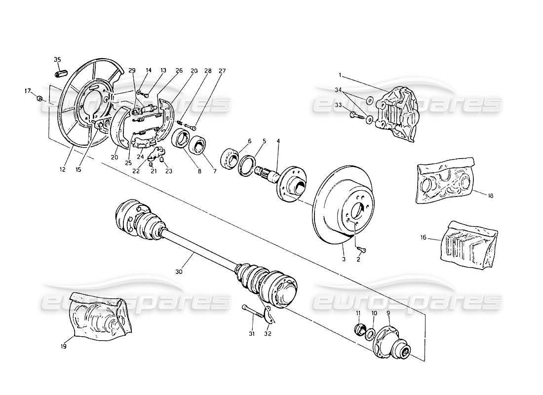 maserati biturbo 2.5 (1984) diagrama de piezas de bujes, frenos traseros y ejes de transmisión