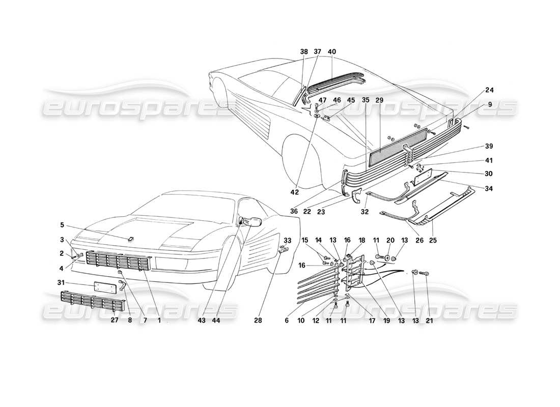ferrari testarossa (1990) acabado externo diagrama de piezas