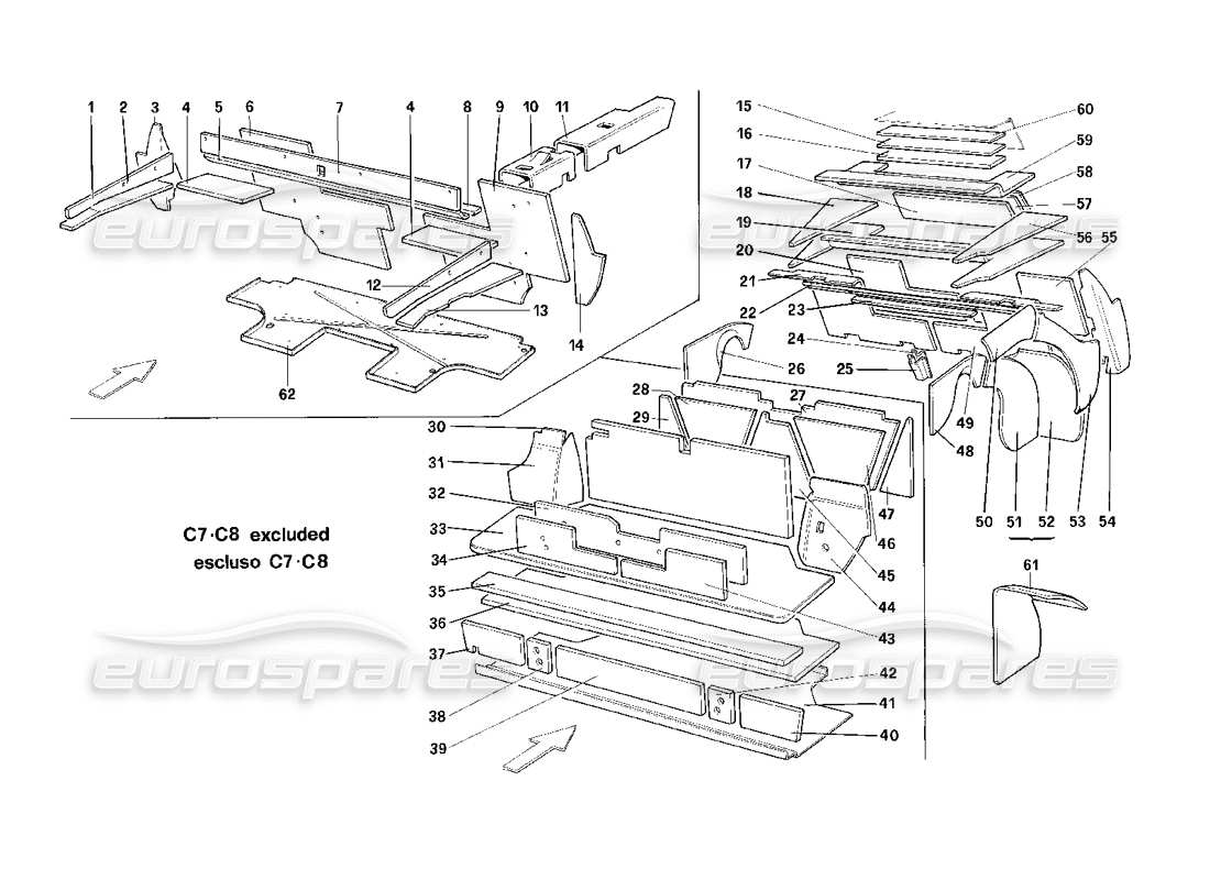 ferrari mondial 3.2 qv (1987) compartimiento de equipaje y pasajeros, aislamiento - cabriolet-usa - diagrama de piezas excluidas sa