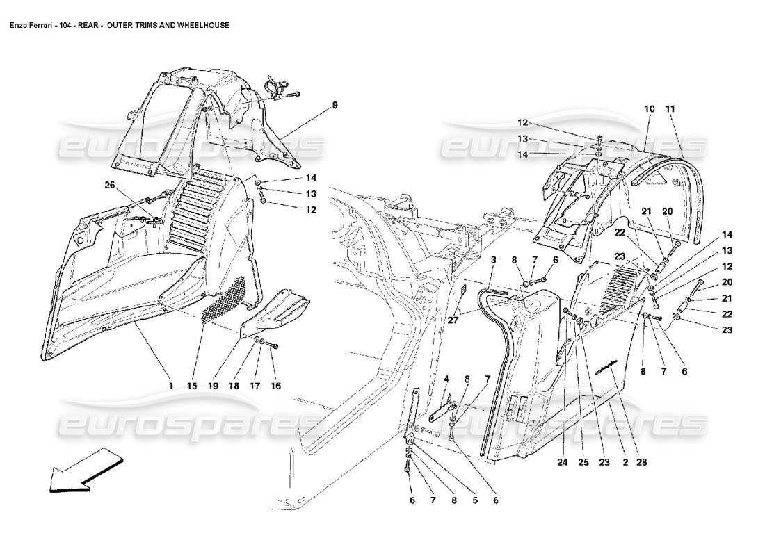 ferrari enzo trasero - moldeados exteriores y paso de rueda diagrama de piezas