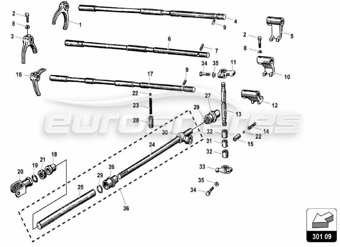 lamborghini miura p400 diagrama de piezas de varillas y horquillas de cambio de caja de cambios