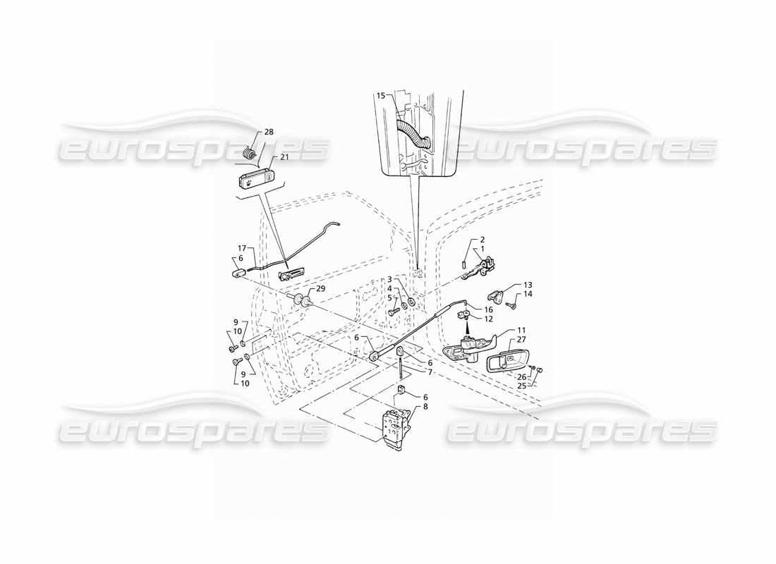 maserati qtp v8 (1998) puertas delanteras: diagrama de piezas de bisagras y controles internos