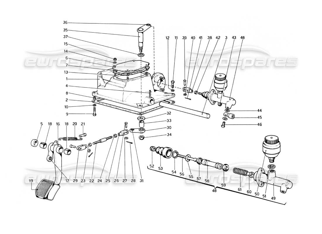 ferrari 512 bb control de liberación del embrague (variantes para la versión rh d.) ​​diagrama de piezas