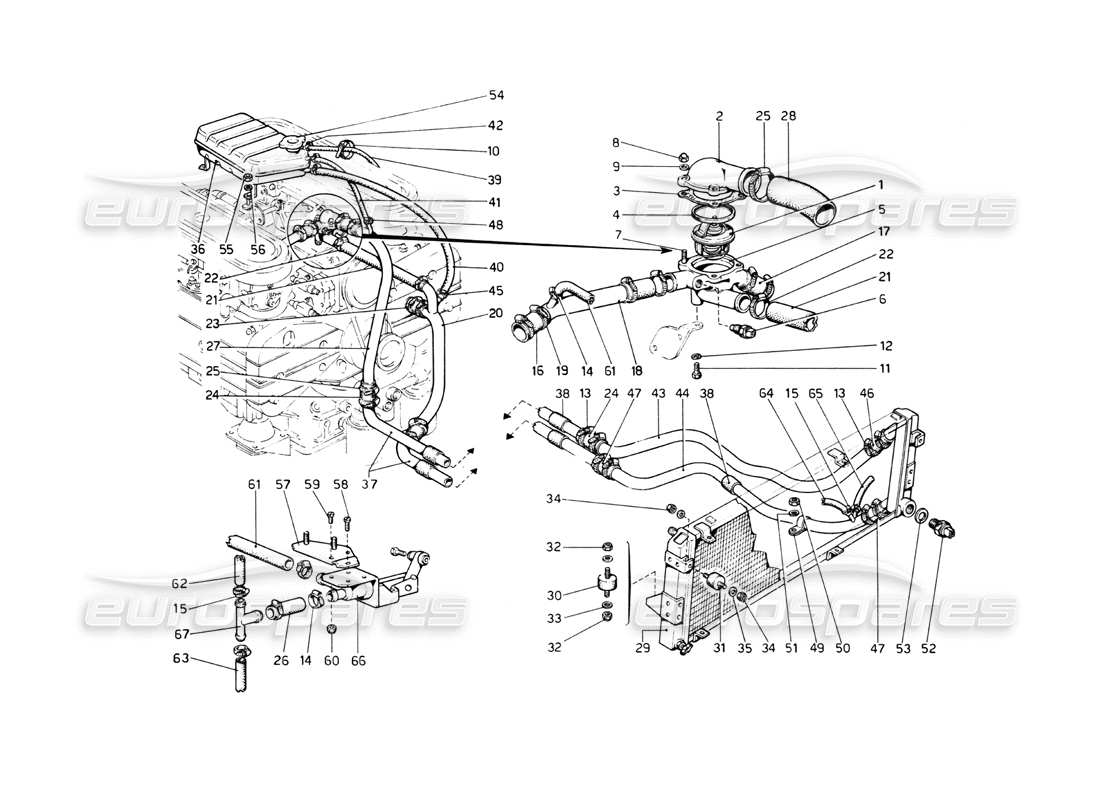 ferrari 512 bb diagrama de piezas del sistema de refrigeración