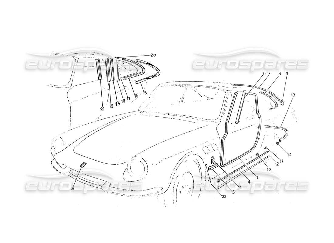 ferrari 330 gtc / 365 gtc (coachwork) diagrama de piezas de sellos de juntas de puertas y cuartos de vidrio