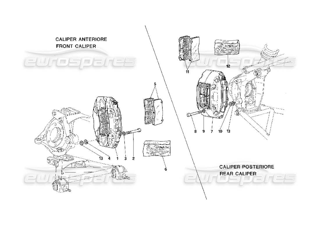 ferrari f40 diagrama de piezas de pinzas para frenos delanteros y traseros