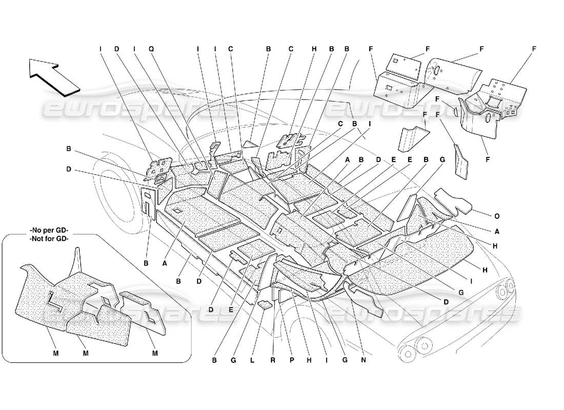 ferrari 456 gt/gta compartimiento de pasajeros. y compartimento del motor. aislamientos diagrama de piezas