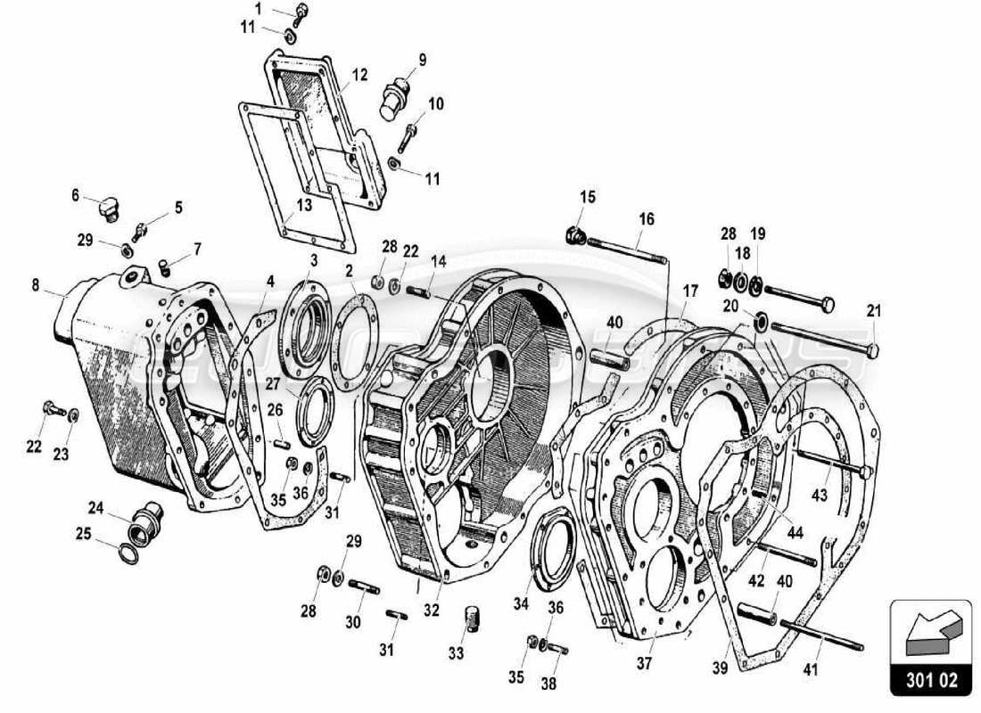 lamborghini miura p400 caja de cambios-diferencial trasero diagrama de piezas