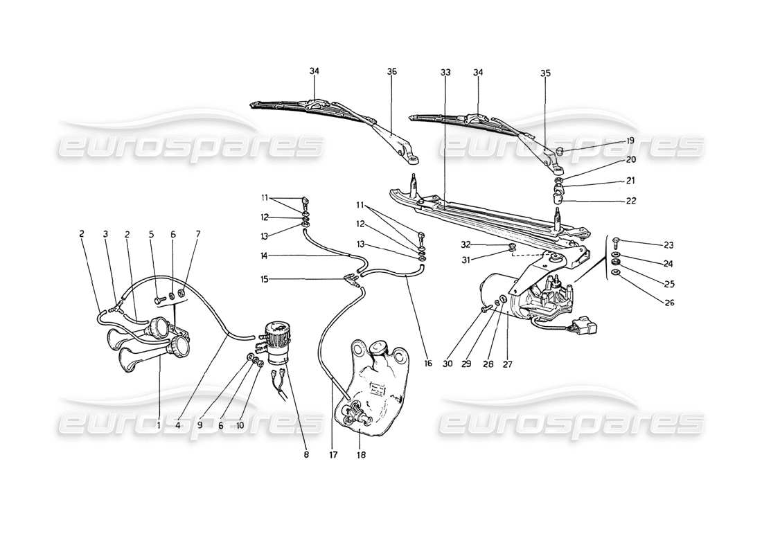ferrari 208 gt4 dino (1975) diagrama de piezas del limpiaparabrisas, arandela y bocina