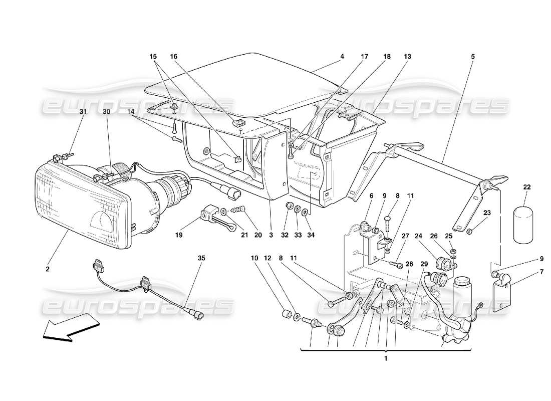 ferrari 456 gt/gta dispositivo de elevación de luces y faros. diagrama de piezas