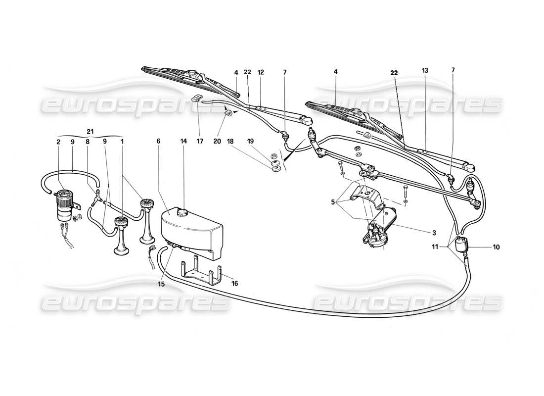 ferrari testarossa (1990) limpiaparabrisas, arandela y bocinas diagrama de piezas