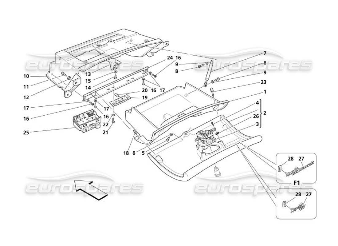 maserati 4200 spyder (2005) cajón del tablero diagrama de piezas