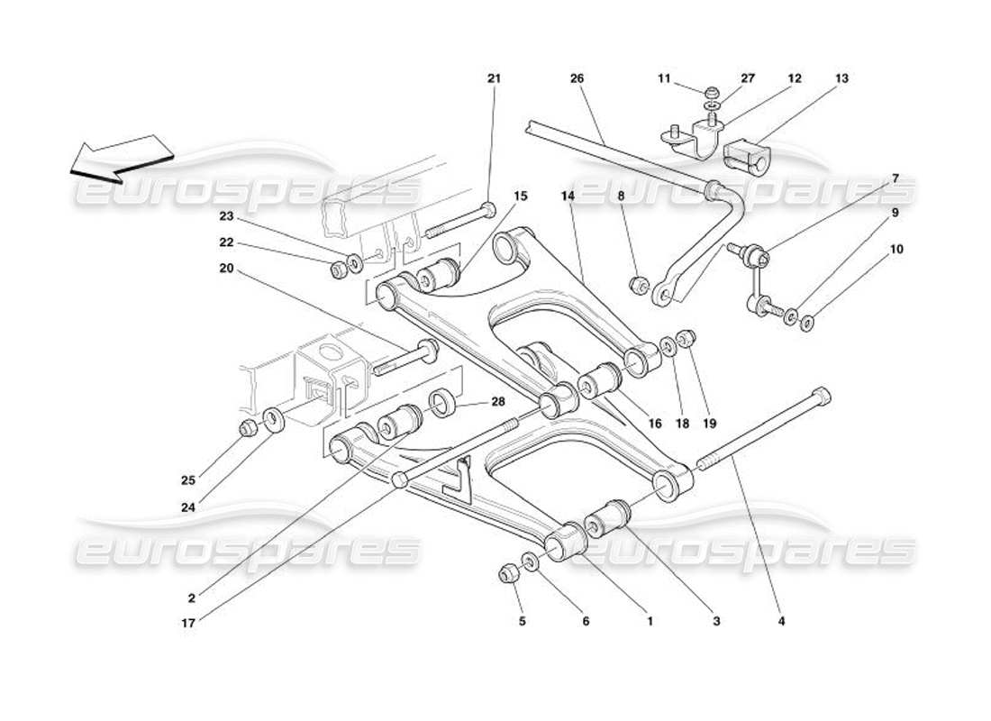 ferrari 575 superamerica suspensión trasera: diagrama de piezas de brazos oscilantes y barra estabilizadora