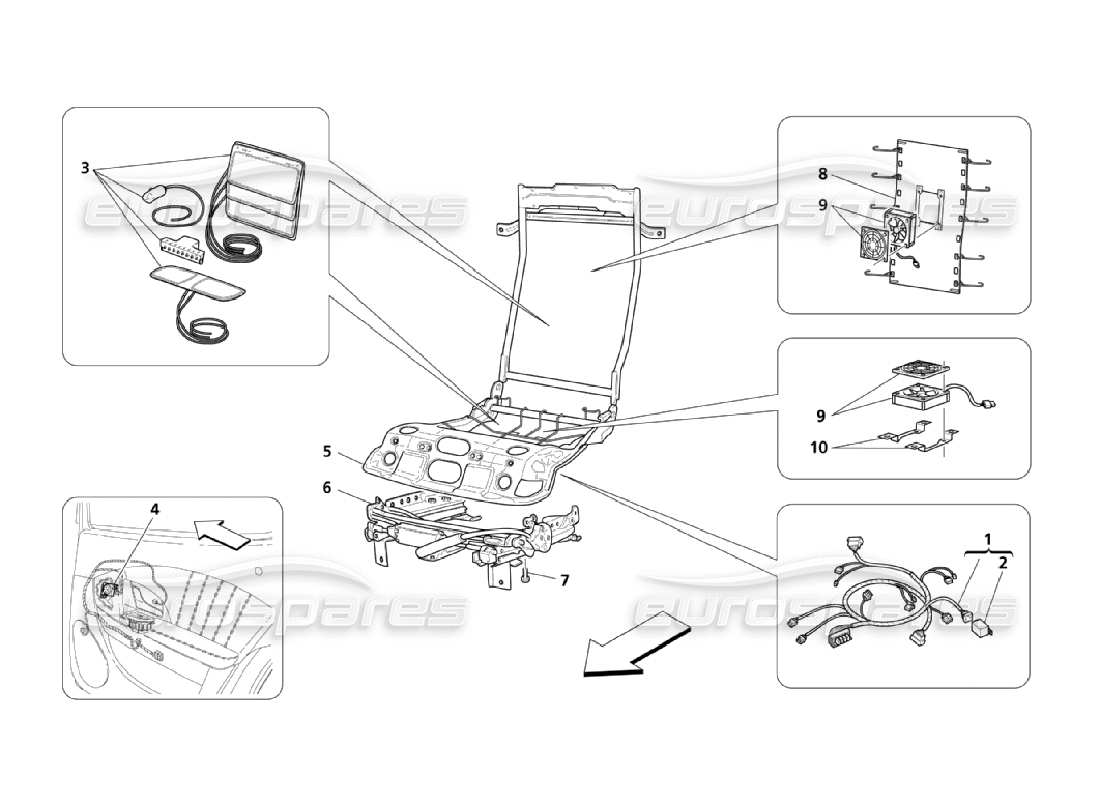 maserati qtp. (2006) 4.2 asientos traseros: diagrama de piezas de unidades mecánicas y electrónicas