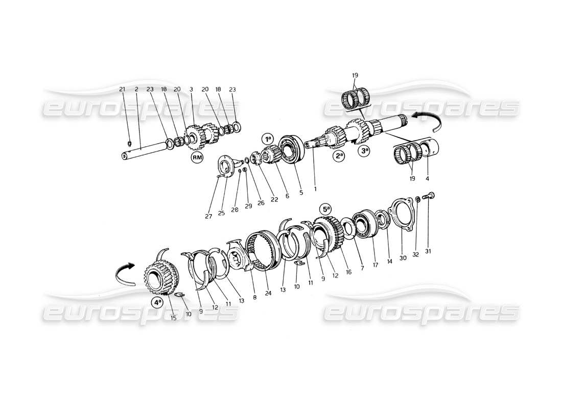 ferrari 365 gt4 berlinetta boxer diagrama de pieza de engranajes del eje principal (hasta el número de automóvil 17535)