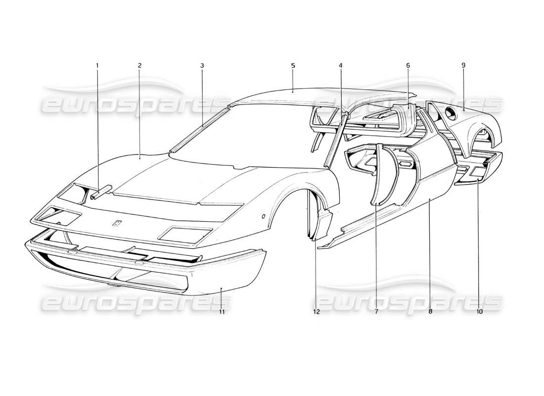 ferrari 365 gt4 berlinetta boxer carrocería - diagrama de piezas de elementos exteriores