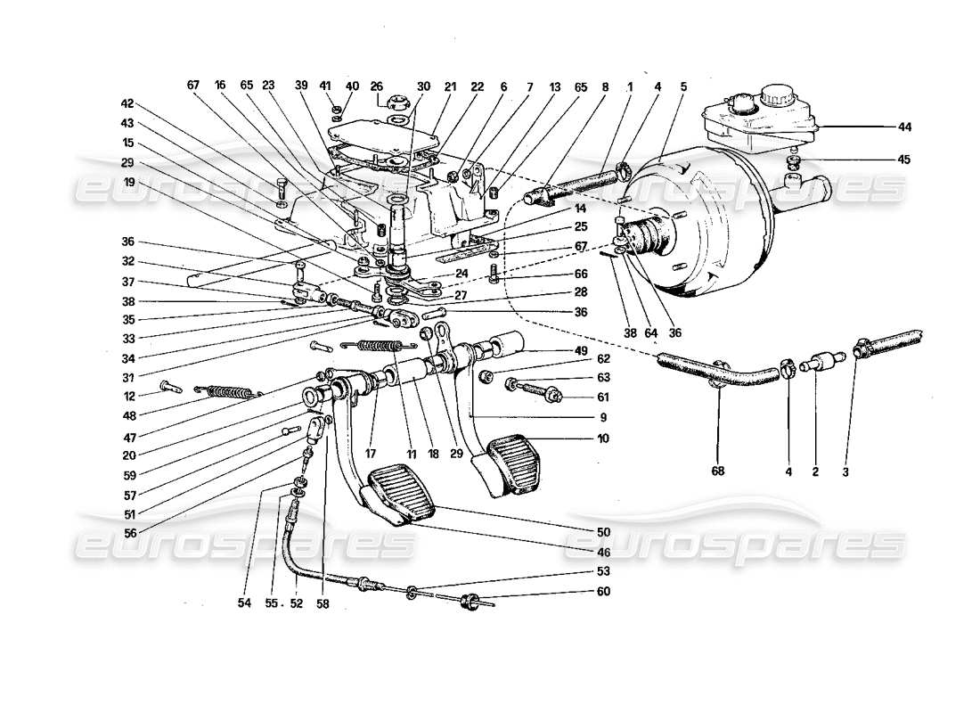ferrari 308 quattrovalvole (1985) tablero de pedales - controles de freno y embrague diagrama de piezas