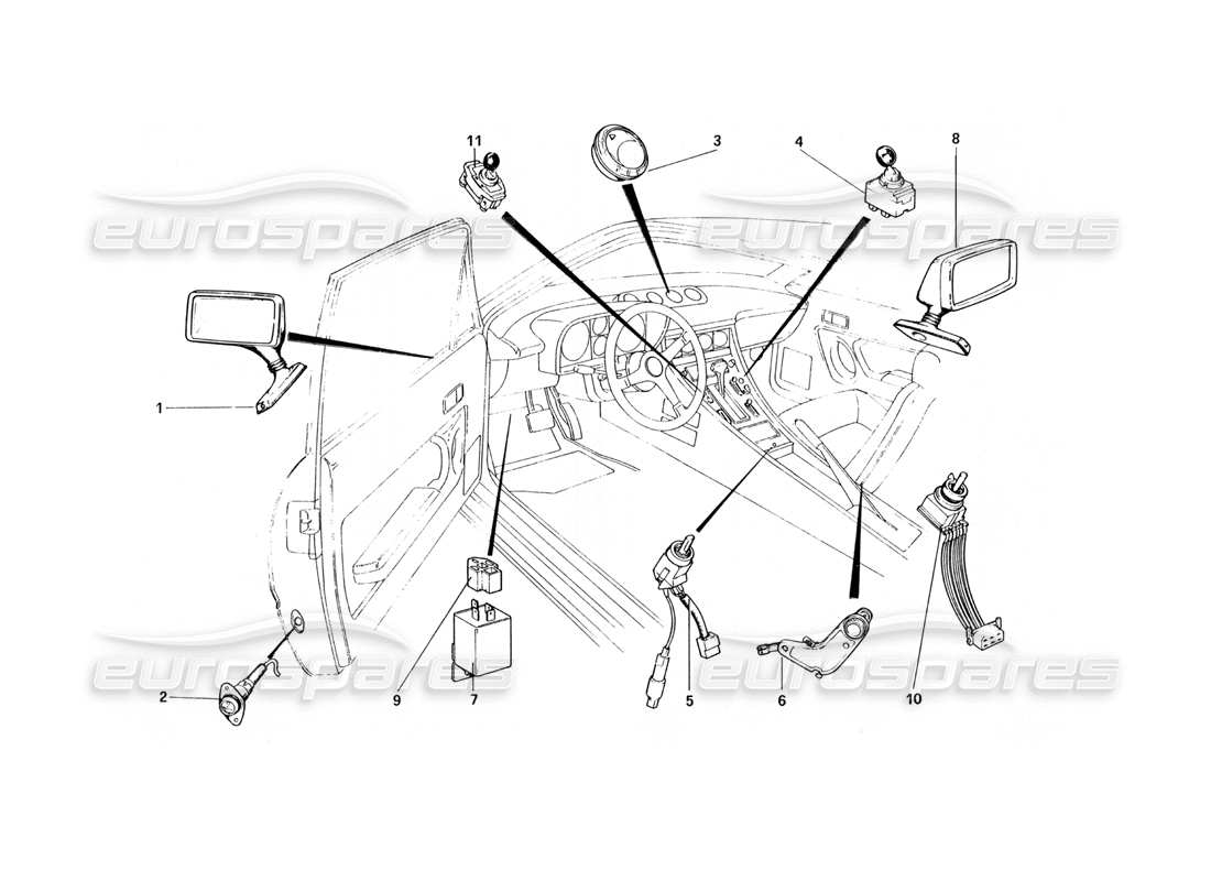 ferrari 400 gt (mechanical) diagrama de piezas de espejos exteriores y accesorios internos