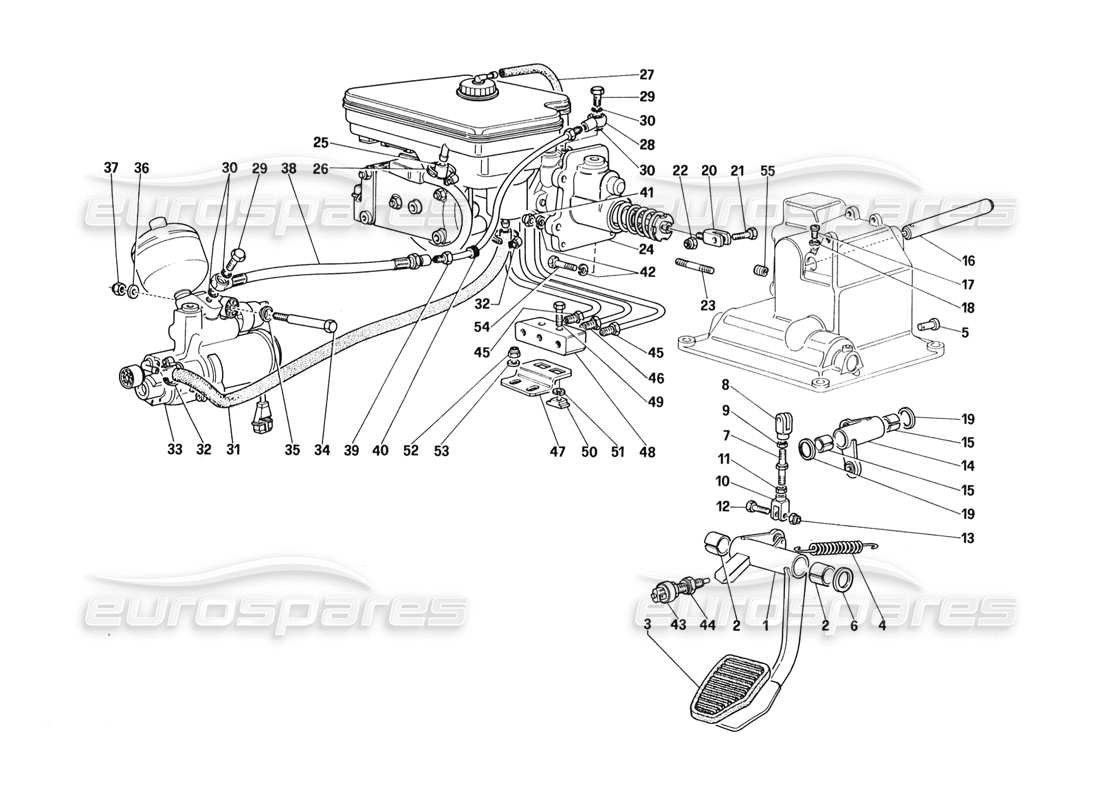 ferrari 328 (1988) diagrama de piezas del sistema hidráulico de frenos (para automóviles con sistema antideslizante - variantes para versión rhd)