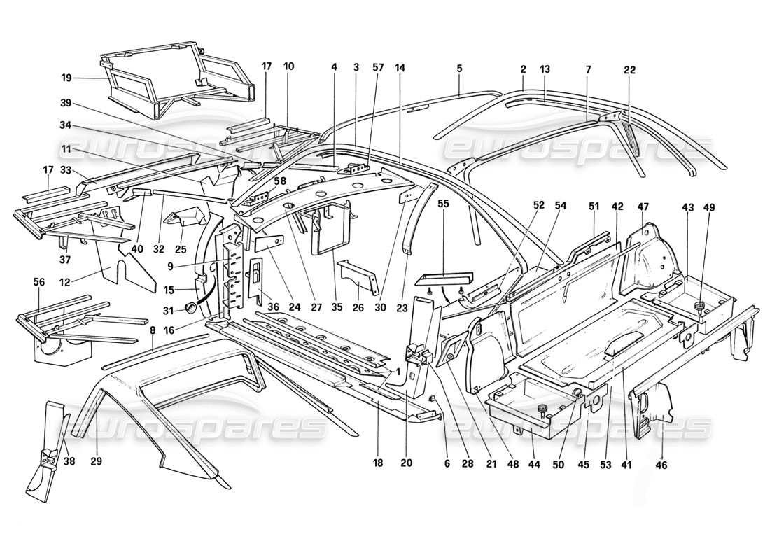 ferrari 328 (1988) carrocería - elementos internos (para aus y ch87 y ch88) diagrama de piezas