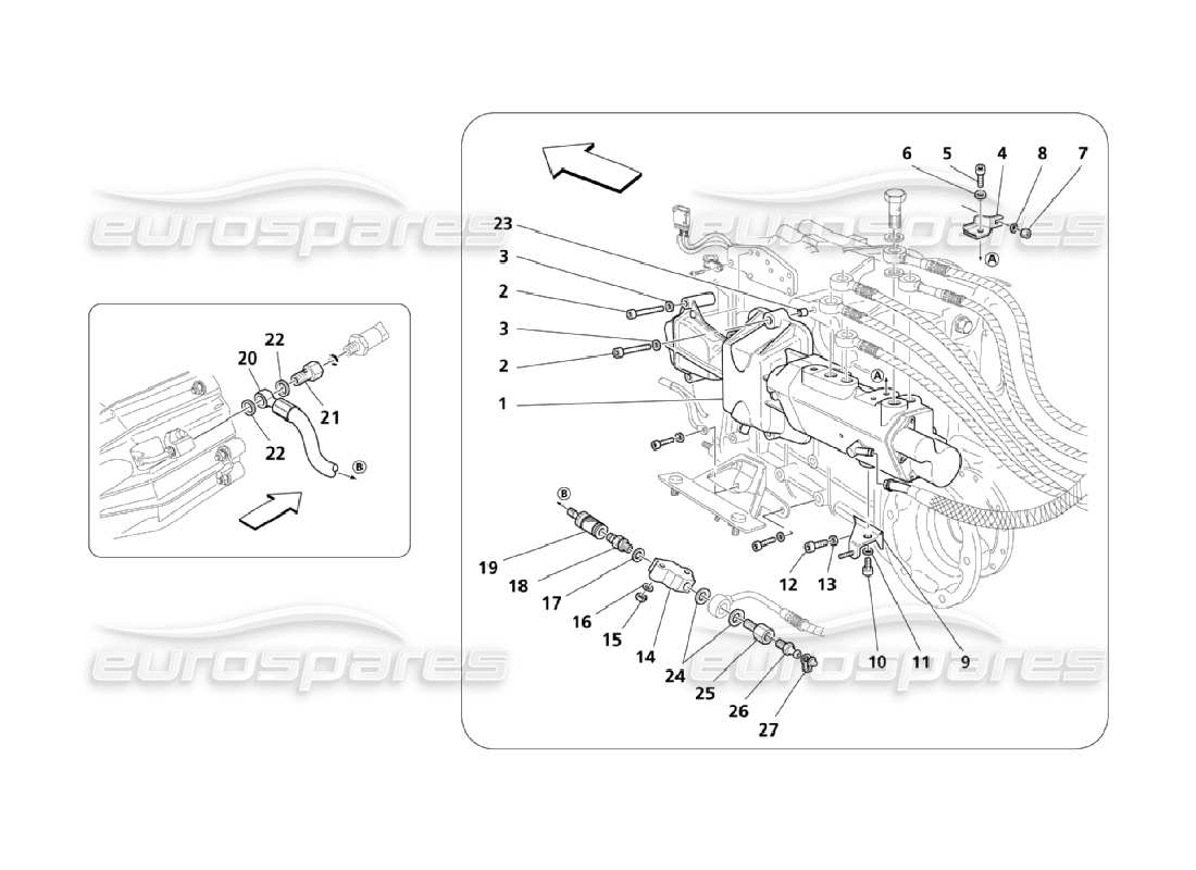 maserati qtp. (2006) 4.2 controles hidráulicos para el diagrama de piezas de la caja de cambios f1
