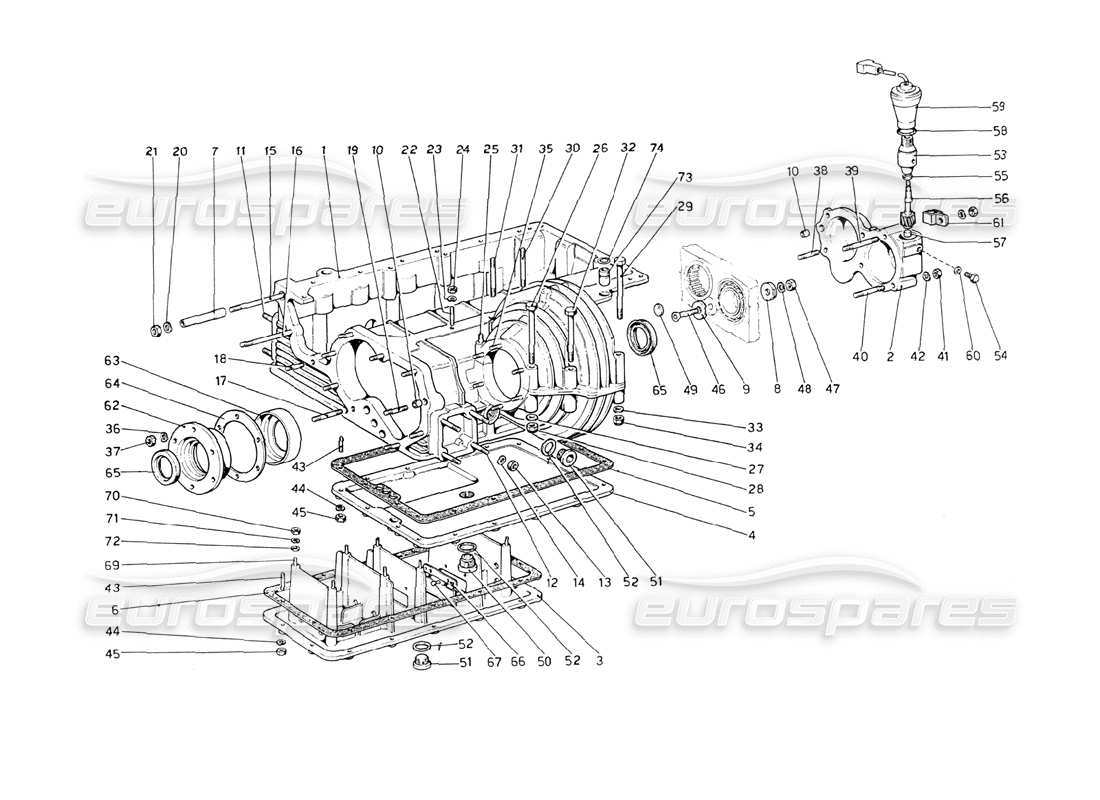 ferrari 208 gt4 dino (1975) caja de cambios - diagrama de piezas de caja de diferencial y cárter de aceite
